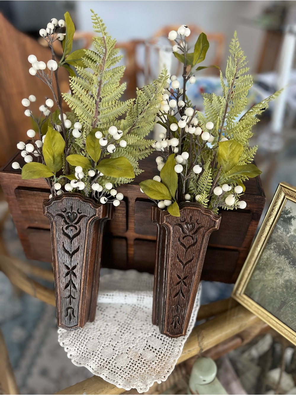 Rustic Brown Wall Pocket Planter Pair with White Berry and Green Fern Accents